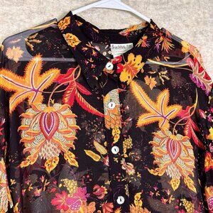 Vintage Sheer Floral Blouse Boho Button Up Top Women's 2X Long Sleeve Fall